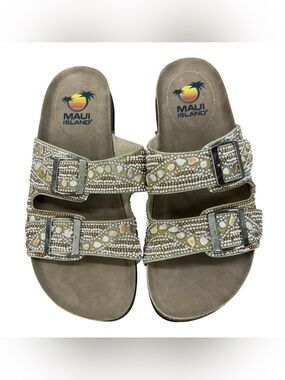 Maui Island Taupe Embellished Double-Buckle Sandals